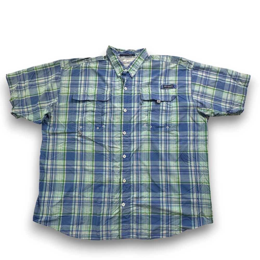Columbia PFG Super Bahama Mens XXL Blue Green Plaid Short Sleeve Fishing Shirt